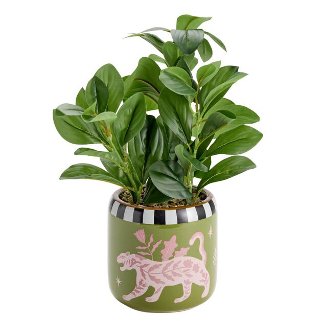 Plante verte artificielle dans pot c&eacute;ramique Indie &agrave; motifs &Oslash;14xH25cm (2 mod&egrave;les)