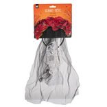 Serre-t&ecirc;te adulte Halloween voile calavera fleuri noir et rouge