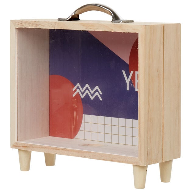 Tirelire bois bleu et blanc motif rond rouge inscription Yes