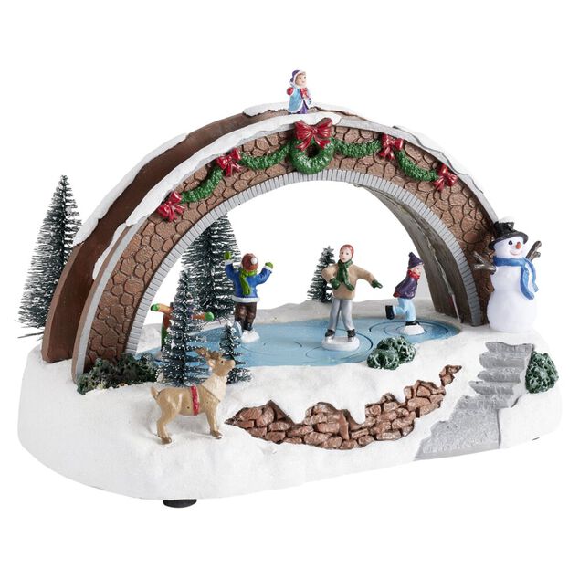 Village de No&euml;l anim&eacute; LED sc&egrave;ne lac et pont 26,5x16xH18,5cm