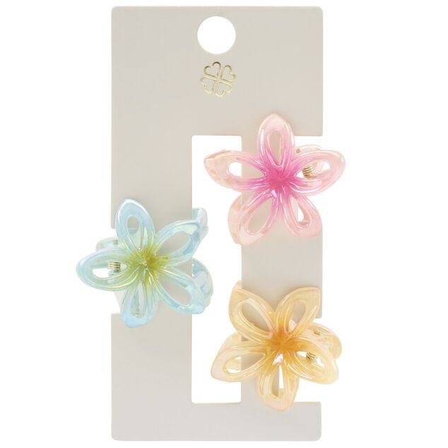 Pince cheveux x3 mini fleur de tiar&eacute; plastique bleu orange rose L5cm