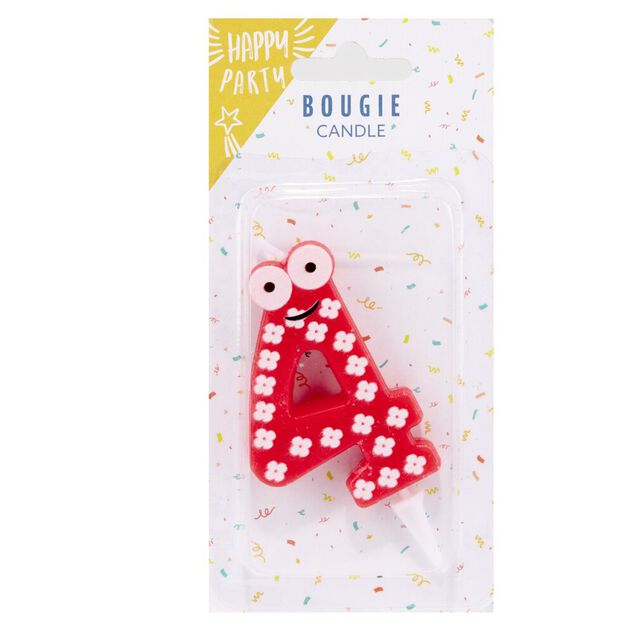 Bougie chiffre 4 cire personnage fleurs rouge et blanc H8,5cm