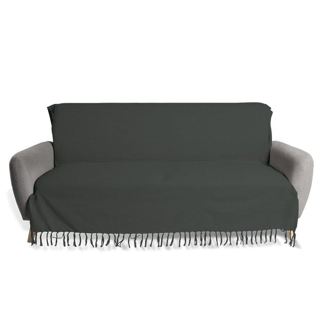 Jet&eacute; de canap&eacute; 170x250cm &agrave; franges 100% coton gris