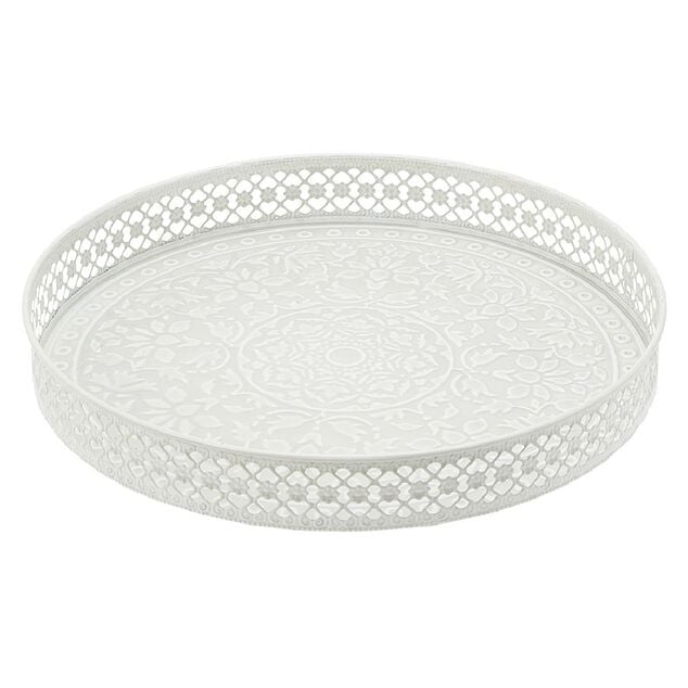 Plateau rond m&eacute;tal motif mandala rose gris ou vert