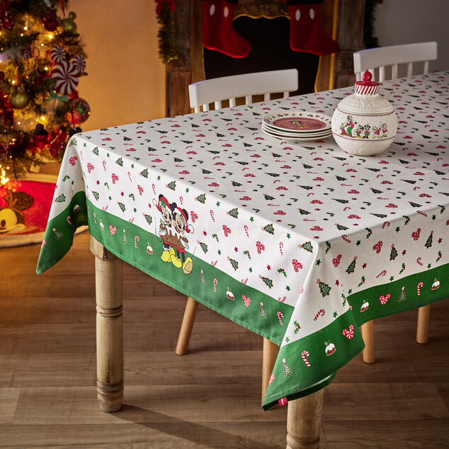 Nappe de No&euml;l Disney Mickey et Minnie blanc et vert 140x250cm