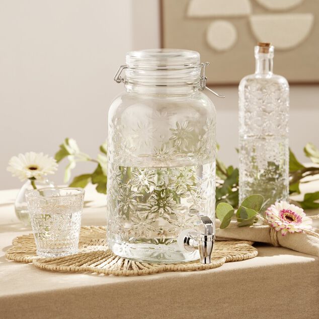 Distributeur &agrave; boisson 4L en verre motif fleur en relief transparent &Oslash;16xH29cm