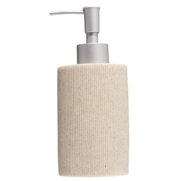 Distributeur de savon plastique beige effet textur&eacute; &Oslash;6xH17cm