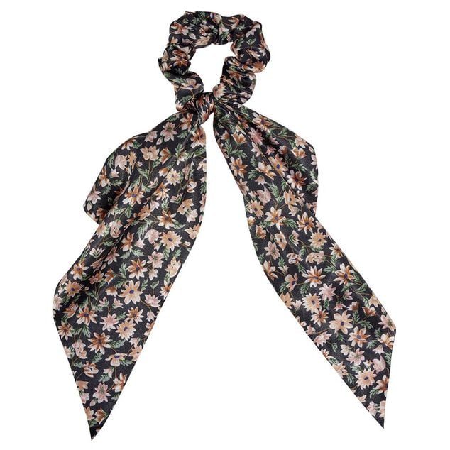 Chouchou ruban long motif fleur noir et rose effet satin&eacute; &Oslash;7xL25cm