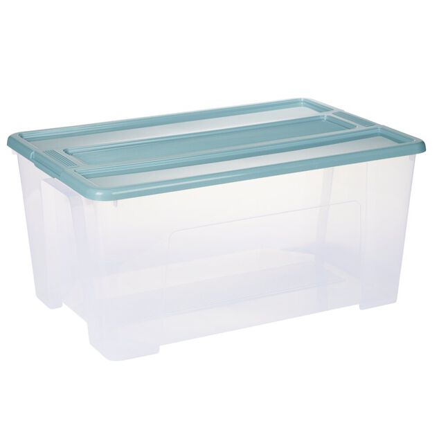 Bo&icirc;te de rangement 48L plastique transparent couvercle bleu 57x38xH27cm