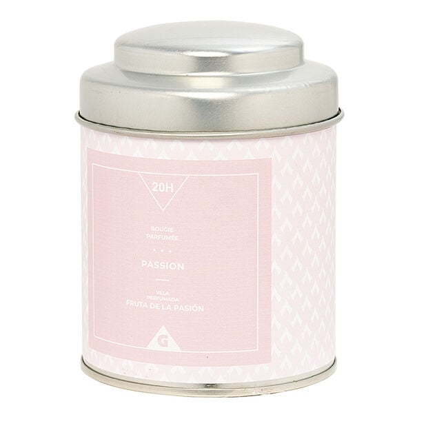 Bougie parfum&eacute;e dans pot en m&eacute;tal senteur passion