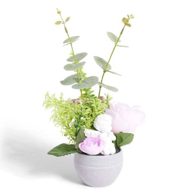 Composition fun&eacute;raire ange avec rose/eucalyptus rose &Oslash;16xH28cm