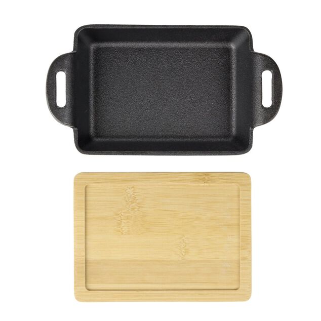 Mini plat rectangulaire en fonte avec support bambou L19X11X5 cm noir