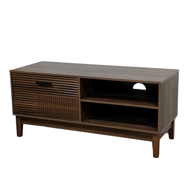 Meuble TV en bois Lida 2 niches et 1 porte marron fonc&eacute; 100x39xH45cm