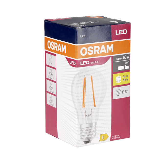 Ampoule LED filament E27 A60 blanc chaud Osram 6,5W=60W 806lms classe E