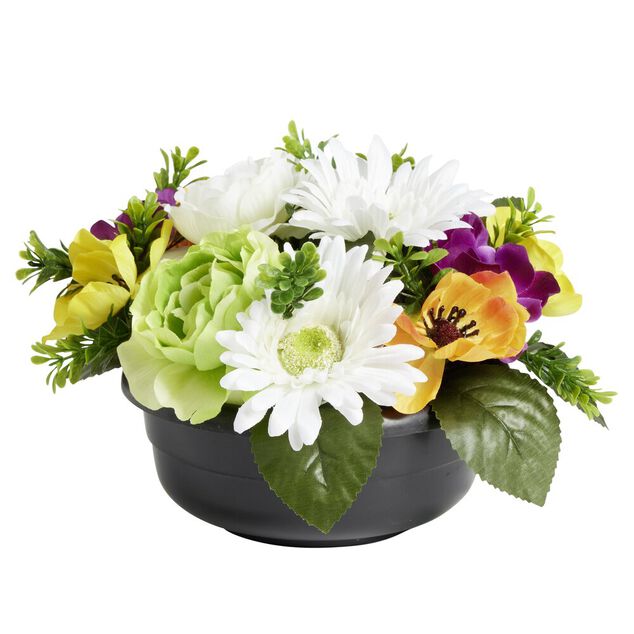 Composition florale artificielle pot lesté 12 tiges coquelicot gerbera