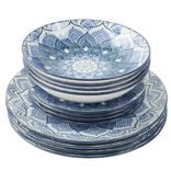 Service &agrave; vaisselle 12 pi&egrave;ces c&eacute;ramique opale motif mandala bleu et blanc