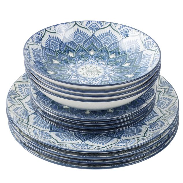 Service &agrave; vaisselle 12 pi&egrave;ces c&eacute;ramique opale motif mandala bleu et blanc