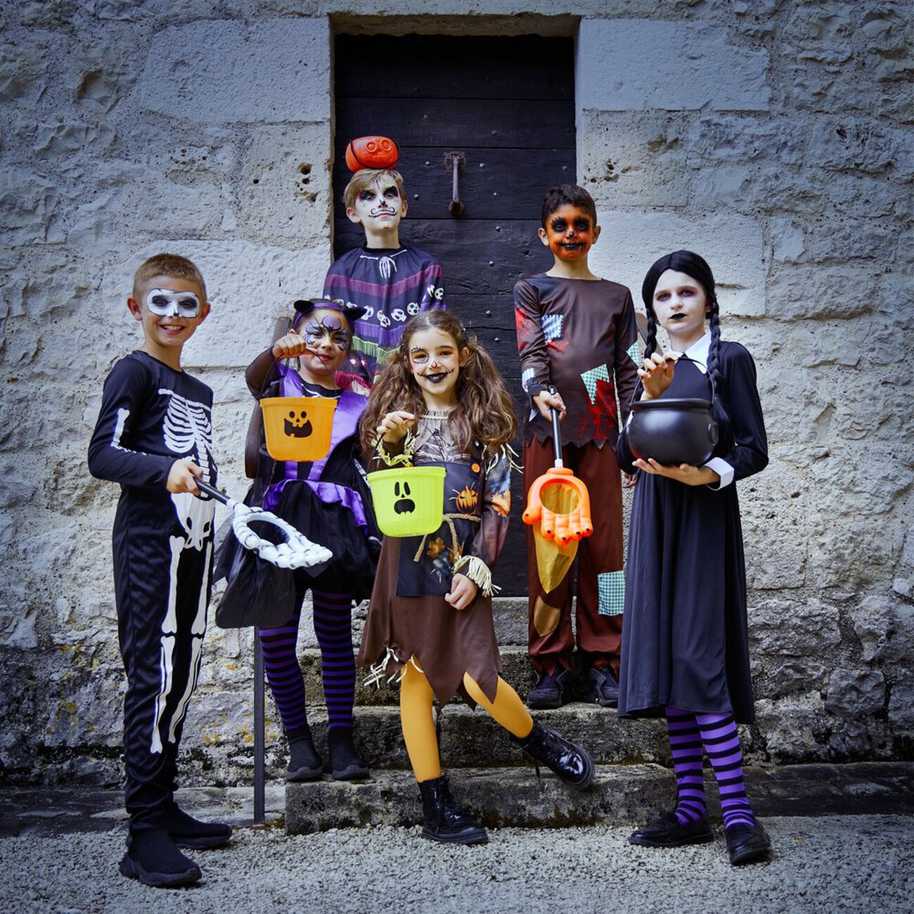 Déguisement Épouvantail Citrouille Enfant – Tunique Noire, Masque Et Gants – Tailles 3-14 Ans, Halloween