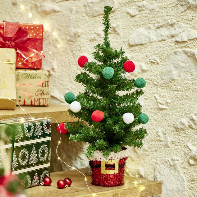 Sapin avec pompons vert rouge blanc et base fa&ccedil;on guirlande P&egrave;re No&euml;l H51cm