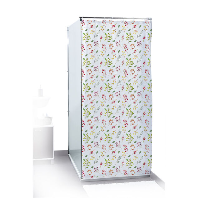Rideau de douche motif feuillage et floral blanc vert rouge 180x200cm