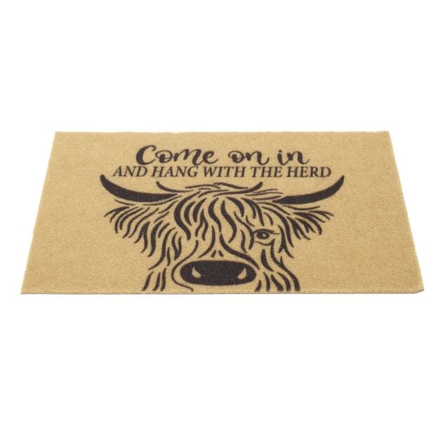 Paillasson motif vache Highland ext&eacute;rieur abrit&eacute; marron 40x60cm