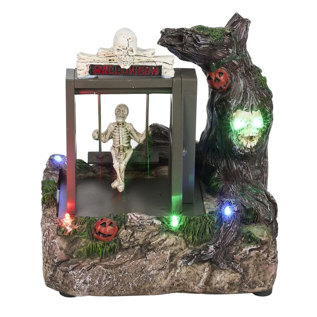 Village anim&eacute; Halloween &agrave; piles squelette sur balan&ccedil;oire H18,5cm