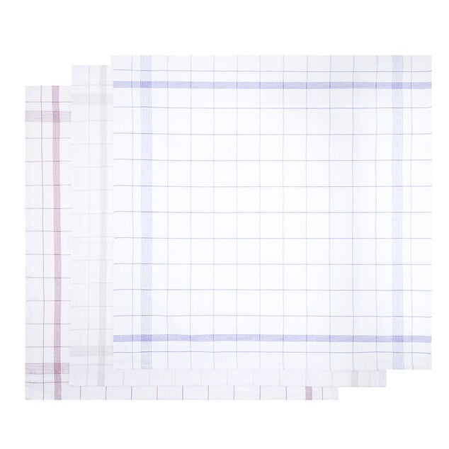 Lot de 3 torchons carr&eacute;s 70x70cm coton et lin quadrill&eacute; blanc