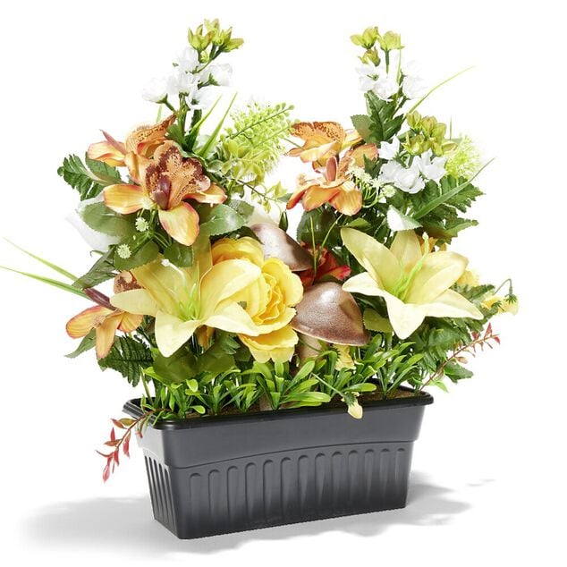 Jardini&egrave;re lest&eacute;e de fleurs artificielles automne et champignon 57x33xH47cm