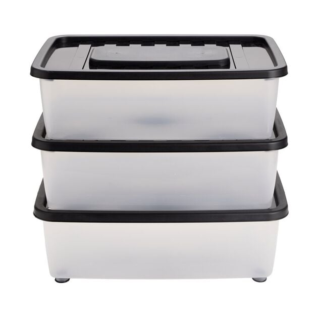Box dessous de lit 25L x3 plastique transparent couvercle noir 56x37xH18cm