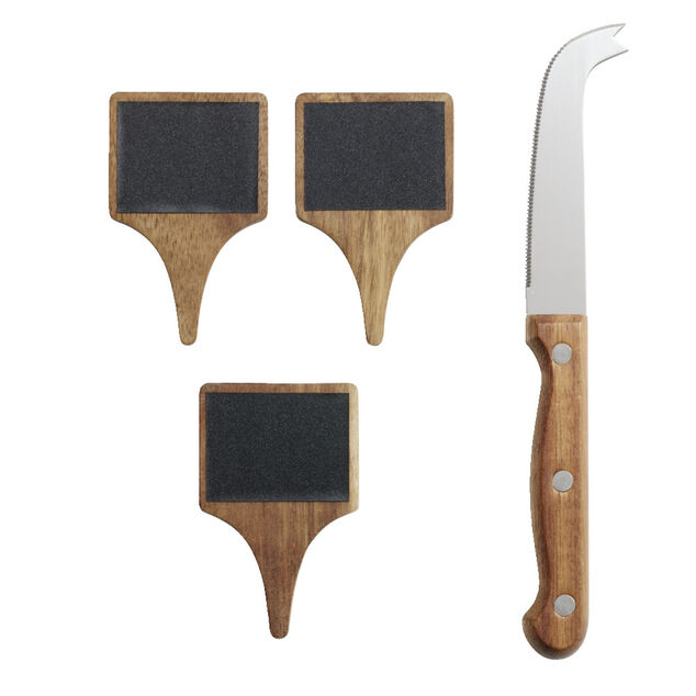 Plateau à fromage en bois avec couteau et 3 pancartes