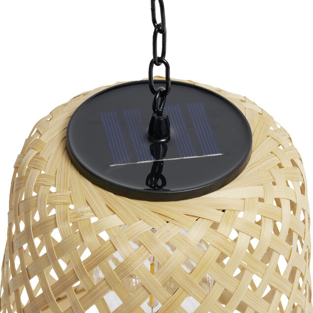 Lampe solaire suspension beige en bambou et fer &Oslash;18xH20,5cm
