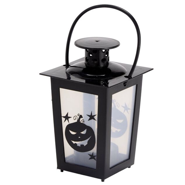 Lanterne Halloween LED d&eacute;cor citrouille plastique noir 7,5x7,5xH15,5cm (2 mod&egrave;les)