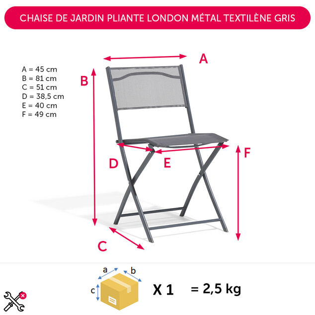 Chaise de jardin pliante London m&eacute;tal textil&egrave;ne gris 45x51xH81cm