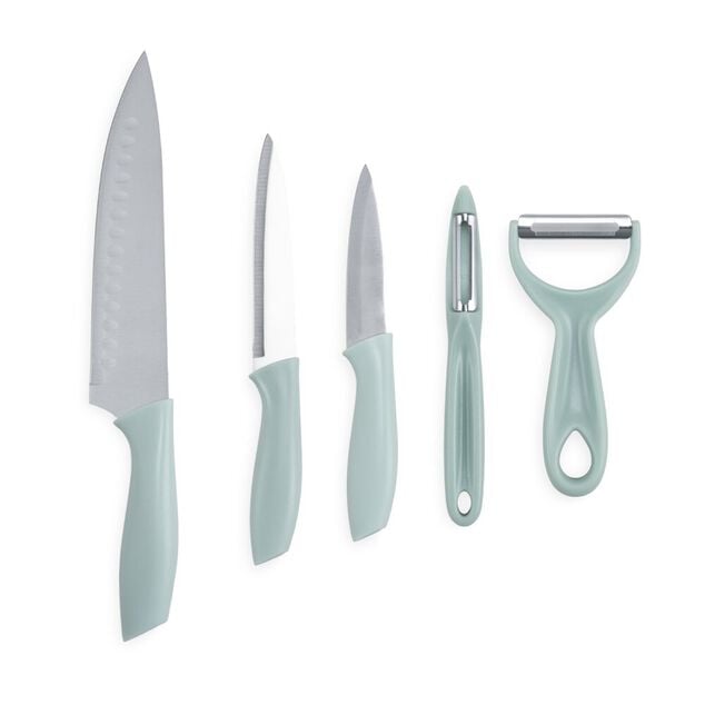 Couteau de cuisine x3 et &eacute;plucheur x2 inox (2 mod&egrave;les vert c&eacute;ladon ou rose)