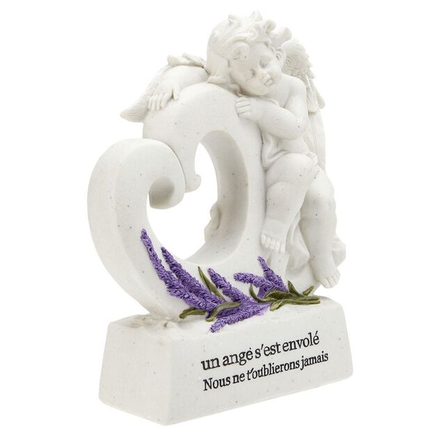 Plaque fun&eacute;raire Ange+coeur sur socle motif lavande