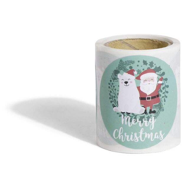 Rouleau &eacute;tiquette autocollante Merry Christmas P&egrave;re No&euml;l ours &Oslash;3cm x50