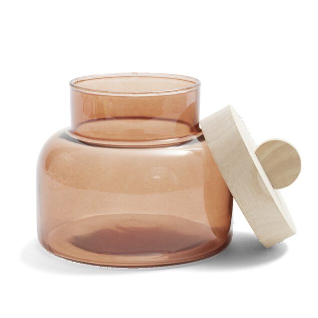 Bo&icirc;te en verre marron + couvercle bois &Oslash;12xH16cm