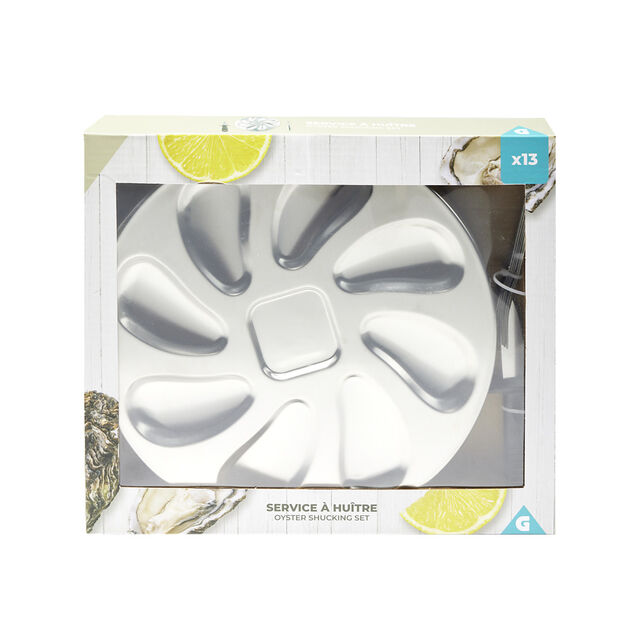 Service &agrave; huitres en inox 13 pi&egrave;ces avec couteau/fourchettes/assiettes