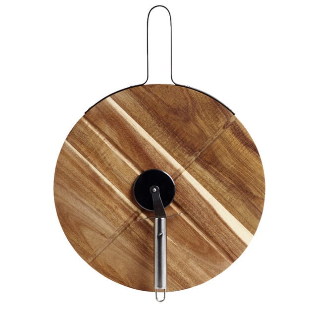Plateau &agrave; pizza en bois avec roulette en acier