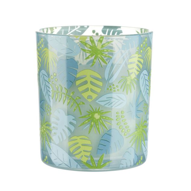 Bougie parfum&eacute;e dans pot verre feuillage phosphorescent &Oslash;8,5xH10cm (3mod&egrave;les)