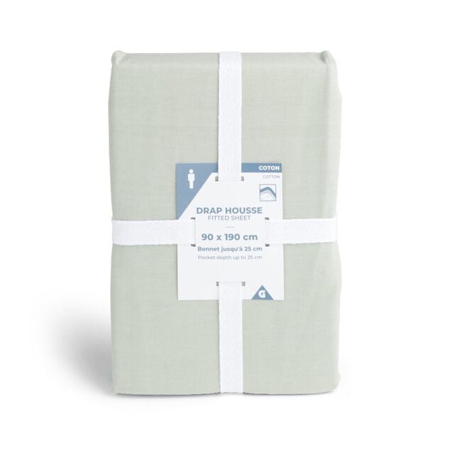 Drap housse 90x190cm 100% coton vert céladon