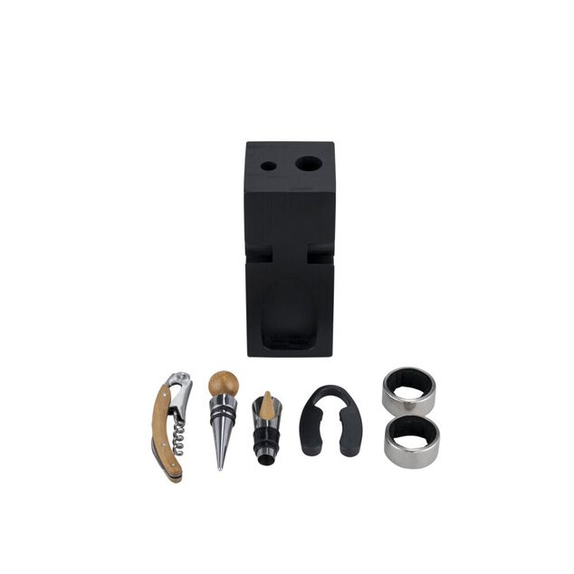 Accessoire à vin 6 pièces avec support en bois noir 6x6xH16cm