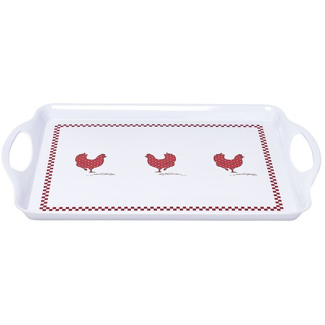 Plateau rectangulaire design poule m&eacute;lamin&eacute; rouge et blanc