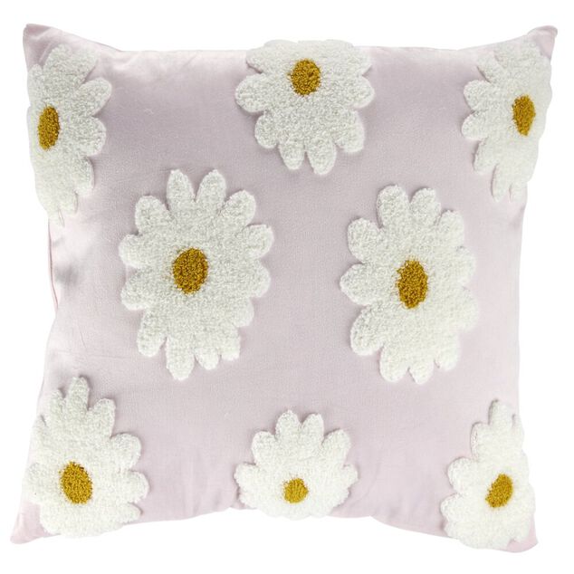 Coussin d&eacute;co rose avec marguerites relief bouclette 40x40cm