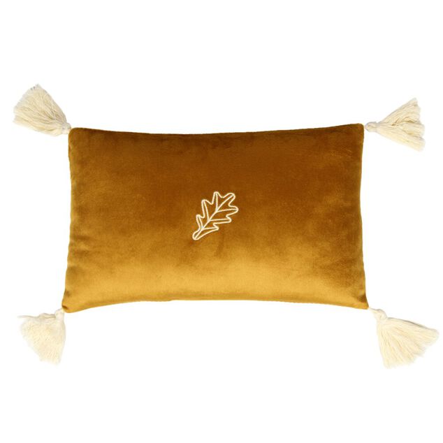 Coussin rectangulaire marron 4 pompons 1 motif nature 20x30cm (2 mod&egrave;les)