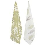 Torchon x2 coton motif v&eacute;g&eacute;tal blanc et vert sauge 45x65cm