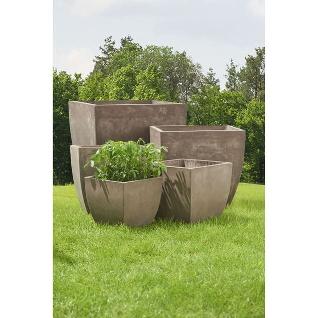 Cache pot fibre d'argile carr&eacute; effet vieilli gris 39x39xH39cm