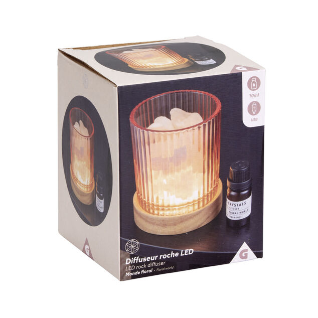 Diffuseur roche LED base bois avec 1 huile essentielle - 2 modèles