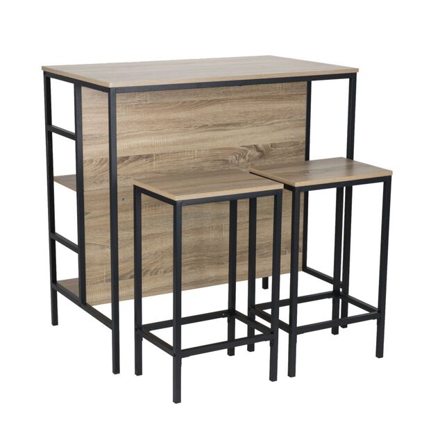 Table haute avec 2 tabourets Luffi m&eacute;tal bois noir et marron 100x60xH100cm
