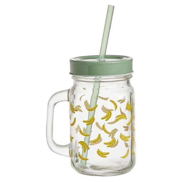 Gobelet en verre imprim&eacute; avec poign&eacute;e paille et couvercle 480ml